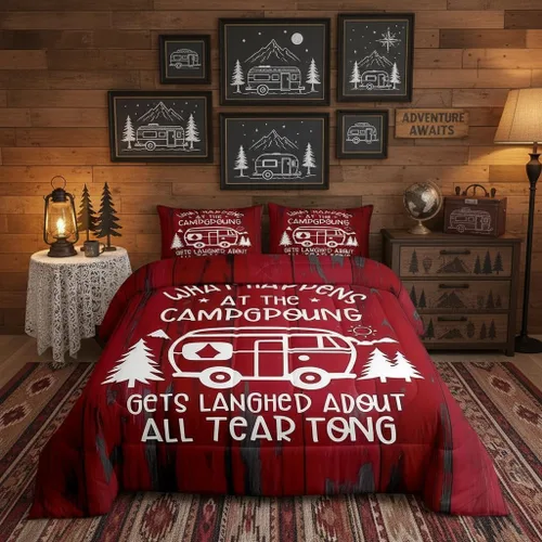 Vista 18 de Juego de ropa de cama con temática de cámper, juego de edredón de cabaña de madera marrón y verde, tamaño matrimonial, 3 piezas, decoración de Multi