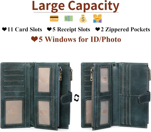 Vista 4 de GOIACII Cartera de mujer con bloqueo RFID triple pliegue cartera de mano larga para mujer cartera de cuero vegano con bolsillo para monedas A02-azul