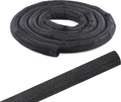 Vista 20 de Cable trenzado dividido negro de 1/2 pulgadas -12 pies de mangas de gestión Flexible Woven Braided Cover Self-Wrapping Wire Loom Cord Protector