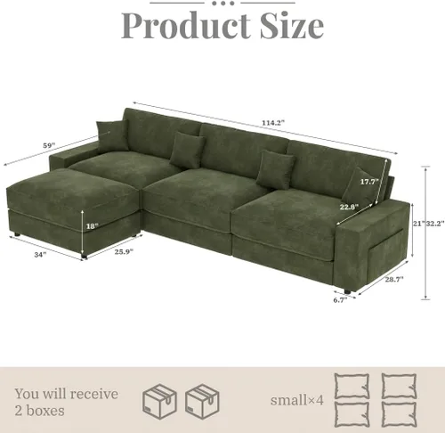 Vista 2 de Opoair - Sofá modular de gran tamaño de 114 pulgadas, sofá en forma de L con otomana móvil, cómodos sofás de nube de 4 asientos con asiento Verde