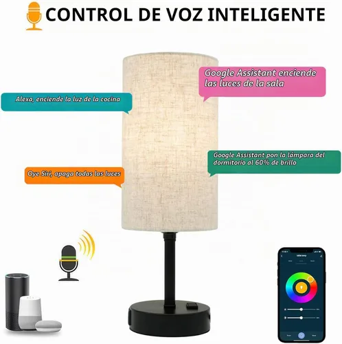 Vista 2 de Lámpara de mesa inteligente funciona con HomeKit, Siri, Alexa, Google Assistant, lámpara inteligente de mesita de noche con salida de CA y puertos