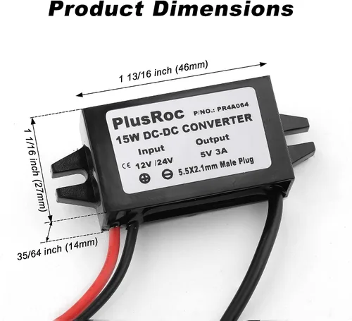 Vista 6 de PlusRoc - Convertidor impermeable DC 12V/24V a 5V 3A, enchufe macho CC de 0.217x0.083 in Stable 5V/3A Output, Waterproof Sealed Enclosure