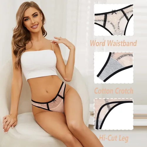 Vista 3 de Tanga para mujer, ropa interior sexy de tiro bajo, bragas hipster, paquete de 5 unidades, transpirables, elásticos, con espalda en T, tallas S-XL