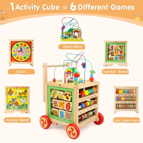 Vista 2 de Cubo de actividades de madera 6 en 1 Montessori Educativo Aprendizaje Juguetes Sensoriales para 1 Año de 12-18 Meses Niños Niñas Regalos de Primer