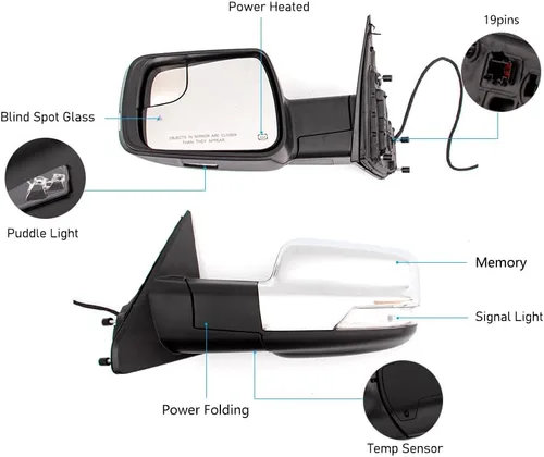 Vista 2 de Para Dodge Ram 2018-2021 - Espejo de puerta con cubierta cromada, plegable eléctrico con luz de señal de giro de memoria, luz de charco, vidrio