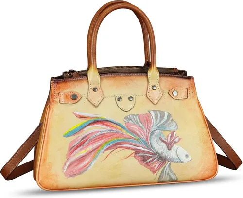Vista 6 de Bolso de cuero genuino para mujer, pintado a mano, bolso de mano con asa superior, bolso cruzado hecho a mano, bolso de trabajo