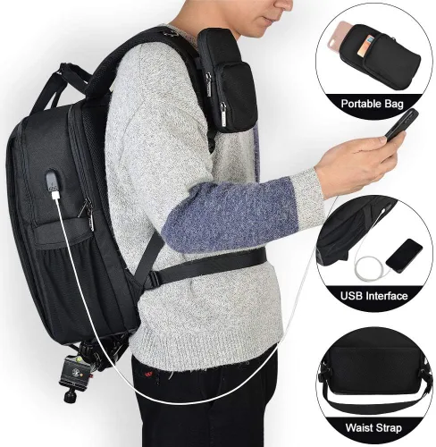 Vista 3 de CADeN Mochila para cámara DSLR, impermeable, antirrobo, con compartimento para laptop de 15.6 pulgadas, puerto de carga USB, soporte para trípode