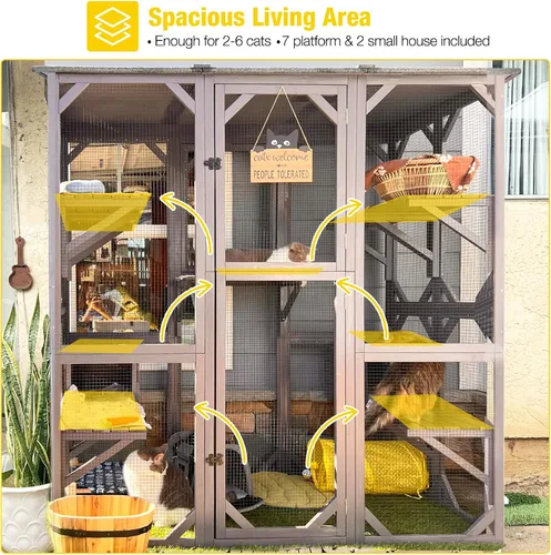 Vista 6 de Aivituvin Casa de gato al aire libre Katio Kitty Recinto con puerta de entrada súper grande, jaula de gato de madera para interiores