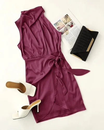 Vista 5 de ZESICA Women's 2024 Fashion Satin Sleeveless Halter Neck Tie Waist Wrap Bodycon Cocktail Party Mini Dress