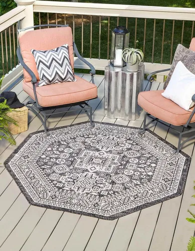 Vista 51 de Unique Loom Outdoor Aztec Collection Alfombra de área, Chalca (5 pies 3 pulgadas, octágono, aguamarina/marfil)