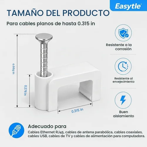 Vista 3 de Clips de cable para clavos, 100 clips de cable Ethernet planos de 0.315 pulgadas, clips de pared para cable coaxial, clips de cable para altavoces