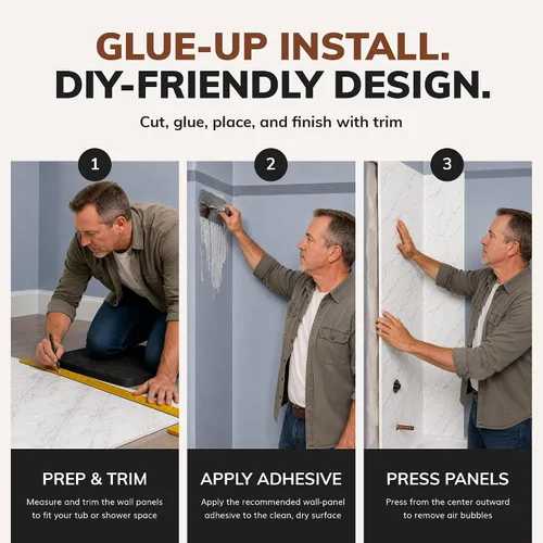 Vista 6 de Versa Tile - Panel de pared de PVC para bañera y ducha, color mármol, 96 pies cuadrados Grout-Free Waterproof Bathroom Wall System, Fits Standard