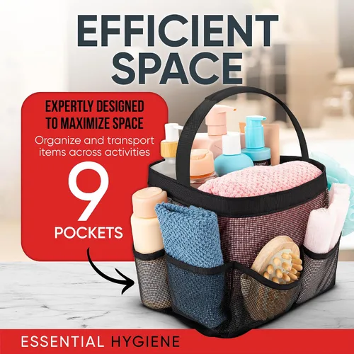 Vista 5 de Masirs – Organizador de ducha de malla con 9 bolsillos, bolsa portátil para baño para viajes, gimnasio y dormitorio - Bolsa de ducha pequeña