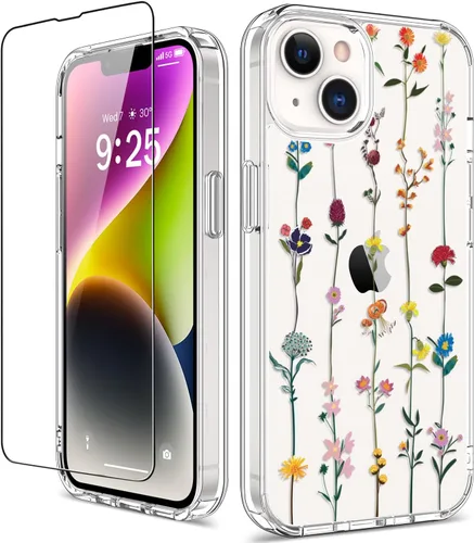 Vista 13 de Funda para iPhone 14 Pro con protector de pantalla, 6.1 pulgadas, transparente de cuerpo completo, a prueba de golpes, diseño floral, para niñas