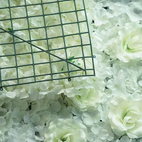 Vista 6 de Paquete de 12 tapetes artificiales de follaje sintético de 33 pies cuadrados, panel de hortensias y rosas, telón de fondo de flores para boda, Crema