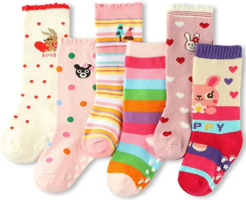 Vista 2 de Cottock 6 pares de calcetines de agarre alto hasta la rodilla, calcetines de bebé para niña, calcetines de escuela antideslizantes para niños y niñas