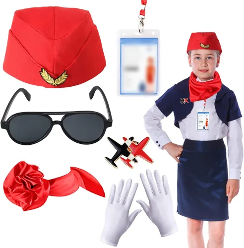 Vista 8 de Keymall Conjunto de accesorios de azafata de vuelo para niños, sombrero de azafata para niñas, disfraz de carrera, cosplay, disfraz de Halloween Azul