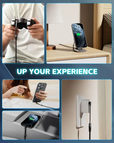 Vista 8 de Cable USB C de 1 pie, cargador tipo C de 60 W, carga rápida, cable USB-C trenzado de nailon en ángulo recto, cargador de cable C de 90 grados