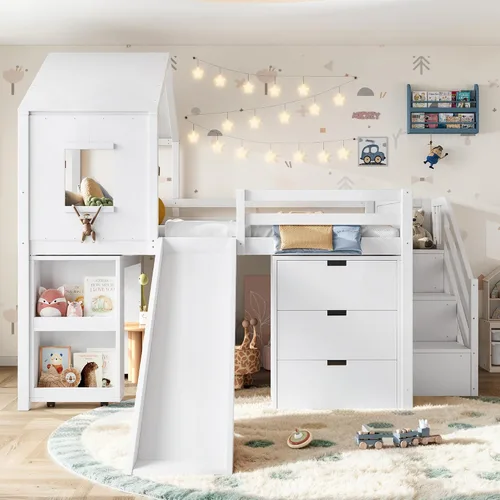 Vista 11 de SOFTSEA Cama tipo loft con tobogán, almacenamiento y escritorio para niños Natural