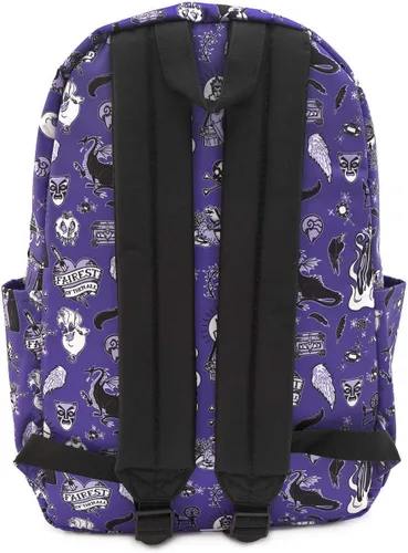 Vista 3 de Loungefly x Mochila de nailon con estampado de iconos de villanos de Disney, PúrpuraNegroBlanco, Computadora portátil