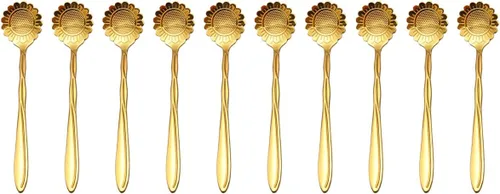 Vista 4 de Cuchara de flores de acero inoxidable de 10 piezas, cucharas creativas de postre doradas, cucharas de café, agitadores de café, cuchara de té