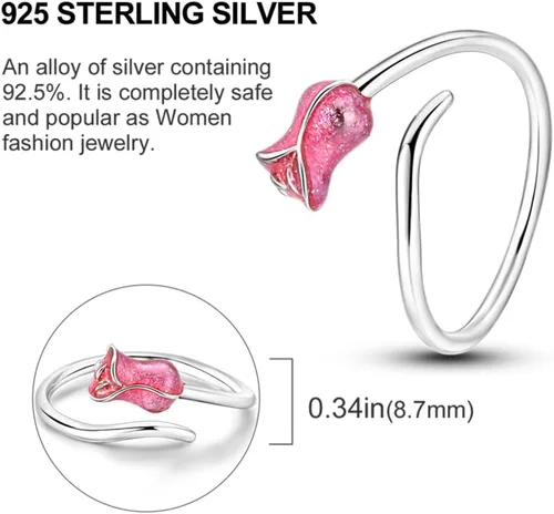 Vista 5 de Anillo de plata de ley 925, anillo de extremo abierto, anillo tallado de circonita colorida, anillo de flor y plumas, anillo ajustable de plata