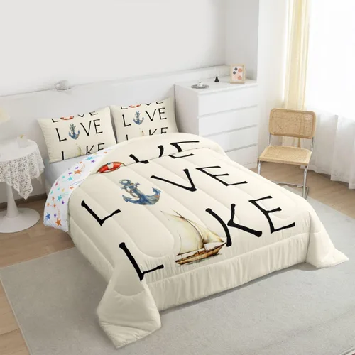 Vista 3 de Juego de edredón de casa del lago, tamaño individual, juego de ropa de cama con ancla náutica para niños, adolescentes y adultos, edredón retro