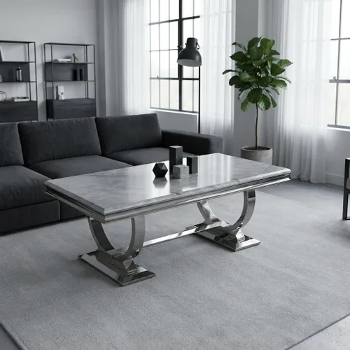 Vista 4 de Asday Mesa de centro plateada, mesa rectangular gris para sala de estar con base en U de metal espejo plateado, mesa de centro para sala de estar