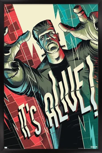 Vista 9 de Frankenstein - Póster de pared It's Alive by César Moreno, 22.4 pulgadas de largo x 14.7 pulgadas de ancho, versión enmarcada en madera de granero