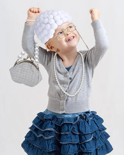 Vista 5 de Croknit 8 Pcs Old Lady Costume Set for Kids 100th Day of School Costume for Girls Granny Wig Cosplay