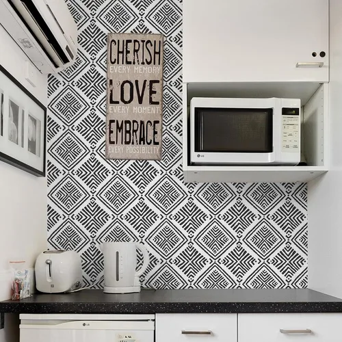 Vista 4 de Papel Tapiz Adhesivo Removible Blanco y Negro Geométrico Boho Papel de Contacto para Gabinetes Moderno Autoadhesivo Removible Papel Tapiz Cocina