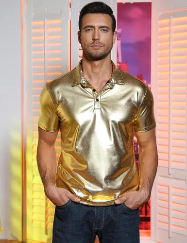 Vista 4 de TURETRENDY Camisa de discoteca de los años 70 para hombre, con lentejuelas brillantes, manga corta, para fiesta, polo hipster, discoteca, baile