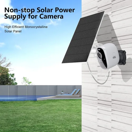 Vista 2 de DCT Panel solar para cámara de seguridad, 5 W con puerto micro USB y tipo C, IP65 impermeable al aire libre DC 5 V batería recargable 360° soporte