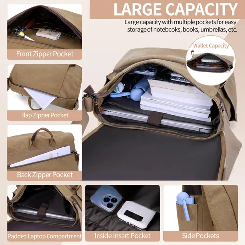 Vista 4 de NerIion Bolsa de Mensajero para Hombres de 17-17.3 Pulgadas, Bolsa de Laptop de Lona Resistente al Agua, Bolsa de Hombro, Maletín de Trabajo, Marrón