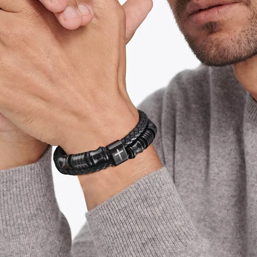 Vista 3 de TempBeau Pulsera de cuero negro cristiano para hombres, pulsera de cuero trenzado de doble fila con cruz de fe para hombres, regalo de joyería
