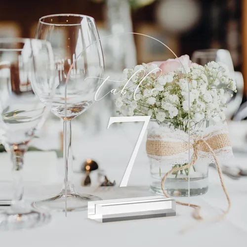 Vista 5 de Números de mesa de arco transparente para boda, mesa de acrílico arqueada de 5 x 7 pulgadas, números 1-10 con soportes, letrero de arco de acrílico