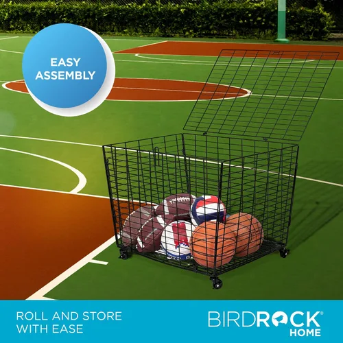 Vista 2 de BIRDROCK HOME Organizador de cesta de pelotas deportivas con ruedas y ruedas resistentes, ideal para baloncesto, fútbol, béisbol, armario