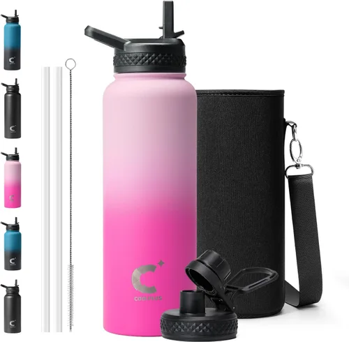 Vista 17 de Coolplus - Botella de agua de 32 onzas aislada, termo de agua de acero inoxidable con popote de metal de doble pared al vacío con funda de Negro