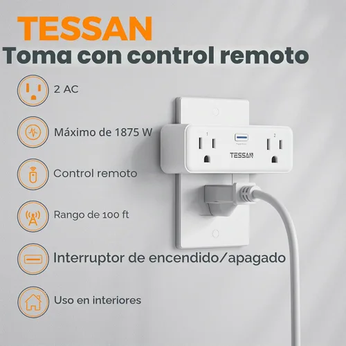 Vista 2 de TESSAN - Enchufe de toma de corriente con control remoto, interruptor de luz inalámbrico con 2 tomas independientes, interruptor de toma