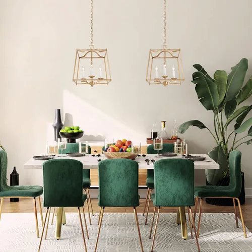 Vista 2 de KSANA Candelabro de farol dorado, iluminación colgante dorada para isla de cocina con acabado dorado antiguo, lámpara colgante de vestíbulo