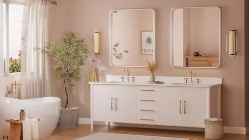 Vista 108 de TETOTE Espejo de marco dorado cepillado de 16 x 24 pulgadas, espejo de tocador de baño de latón dorado para pared, espejo enmarcado rectangular