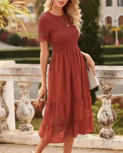 Vista 4 de NOLLSOM Vestidos de verano de manga corta con volantes para mujer, cuello redondo liso, fruncido, lunares suizos, vestido bohemio, vestido de cóctel
