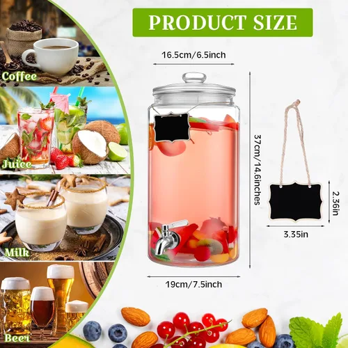Vista 2 de Bokon Dispensador de bebidas de vidrio de 2 galones para fiestas, dispensador de bebidas con espita de acero inoxidable y pizarra para frasco