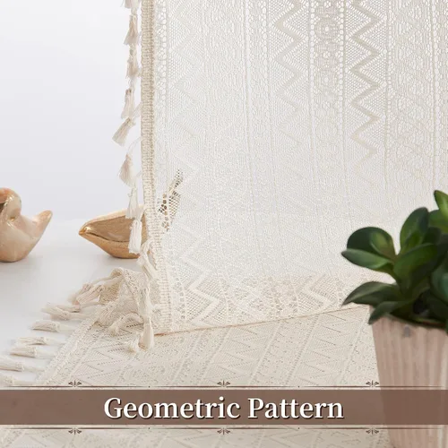 Vista 4 de ZJDECOR Cortinas traslúcidas de encaje bohemio de 54 pulgadas de largo, juego de 2 paneles de cortinas con patrón geométrico rústico beige