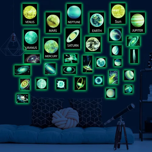 Vista 14 de Calcomanías de pared 3D que brillan en la oscuridad con temática espacial, juego de 3 calcomanías para ventana con temática de galaxia