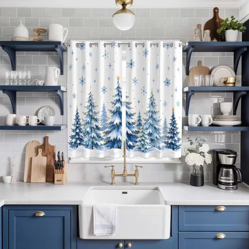 Vista 40 de Libaoge Cortinas de Navidad para cocina, dormitorio, juego de 2 paneles, diseño de muñeco de nieve de Navidad, cortinas de invierno con copos
