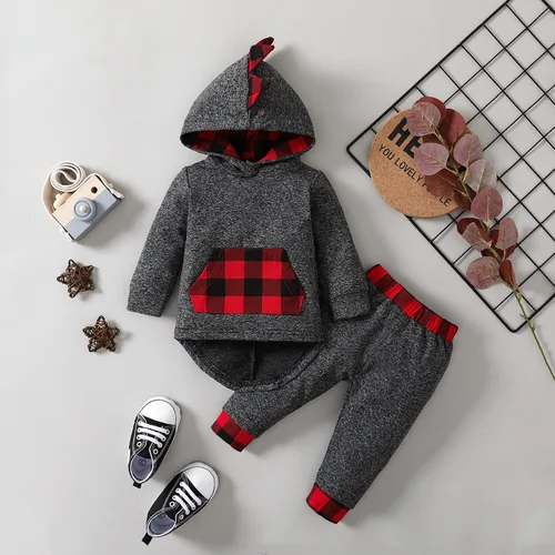 Vista 7 de Conjunto de ropa para bebé niño a cuadros para otoño e invierno, de manga larga, sudadera con capucha y pantalones