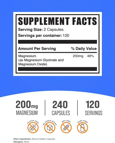 Vista 2 de BulkSupplements. com Cápsulas de glicinato de magnesio – Suplemento de magnesio, glicinato de magnesio 200 mg – Sin gluten, 2 cápsulas por porción