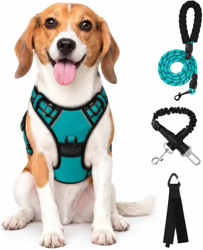 Vista 8 de FURRYFECTION Plaid Dog Harness with Leash and Seat Belt Set, Beige&White, M Tartán beige