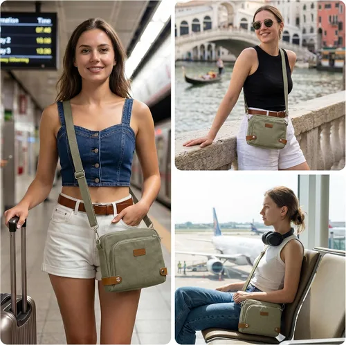 Vista 2 de Anti Theft Crossbody Bag for Women, RFID Blocking Travel Purse Slash Proof Verde militar